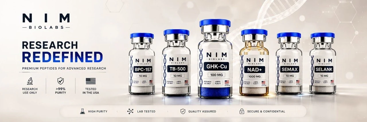 NIM BioLabs — Research Redefined. Premium peptides for advanced research. Six vials: BPC-157 10 mg, TB-500 10 mg, GHK-Cu 100 mg, NAD+ 1000 mg, Semax 10 mg, Selank 10 mg. Research use only. Greater than 99% purity. Tested in the USA. High purity, lab tested, quality assured, secure and confidential.